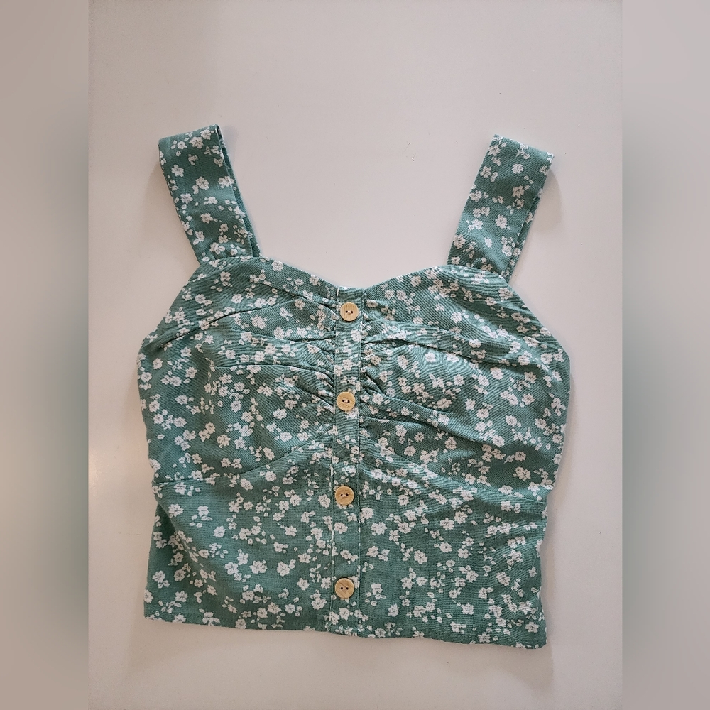 Floral Green Button-Up Women's Top Size Small CROP TOP Monteaou LOS angels